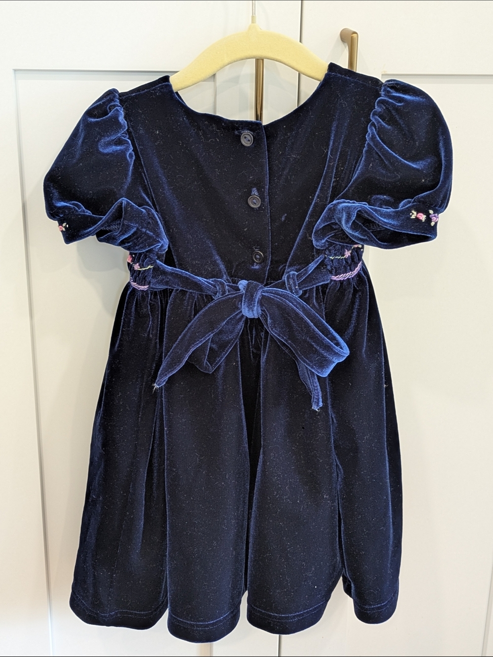 Vintage Marks & Spencer Navy Velvet Dress with Pink Floral Embroidery/Smocking - Picture 2 of 7